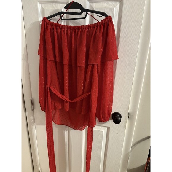 International Concepts INC Red Off Shoulder Polka Dot Shimmering Blouse Size XL - Picture 7 of 14